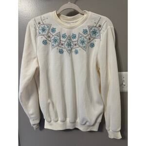 Alfred Dunner Velour Floral Embroidered Grandma Pullover Fleece Sz SM Rhinestone